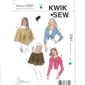 May include: A sewing pattern titled "Pattern 3361" by Kwik Sew. The pattern features illustrations of four different tops: a gold poncho, a blue tie-front bolero, a brown cape, and a pink button-up jacket. Sizes XS-XL.