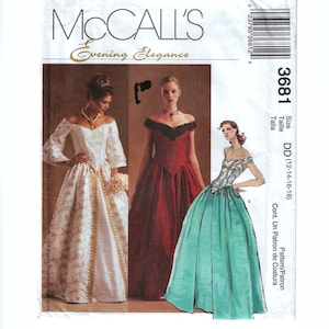 May include: McCall's Evening Elegance sewing pattern 3681 for sizes DD (12-14-16-18). The envelope features illustrations of three floor-length off-the-shoulder gowns: one white with gold accents, one solid dark red, and one with a patterned bodice and teal skirt.