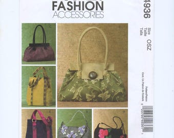 Handbags, Purses Sewing Pattern, McCalls M4936, Six Lined Bags with Inside Pockets, Factory Folded