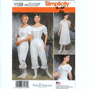 May include: Simplicity sewing pattern 1139 featuring historical women's clothing. The pattern includes designs for a corset, bloomers, and a dress. The cover shows illustrations of the finished garments, with size information and the designer's name.