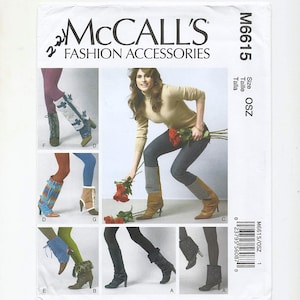 May include: A sewing pattern for leg warmers, featuring six different styles. The pattern is from McCall's Fashion Accessories and is size OSZ. The pattern shows a woman wearing the leg warmers with different outfits.