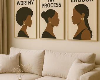 3 Piece Affirmation Wall Art Set | Black Woman Bathroom Art | Modern Minimalist Melanin Decor | Printable Digital Download | Self Love Print