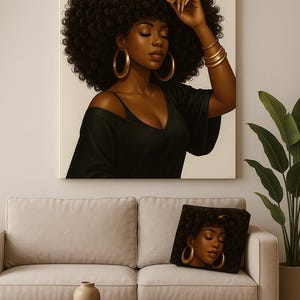 May include: A canvas print and throw pillow featuring a portrait of a Black woman with large gold hoop earrings and bracelets. She wears a black top and has a large afro. The artwork is displayed above a beige sofa.