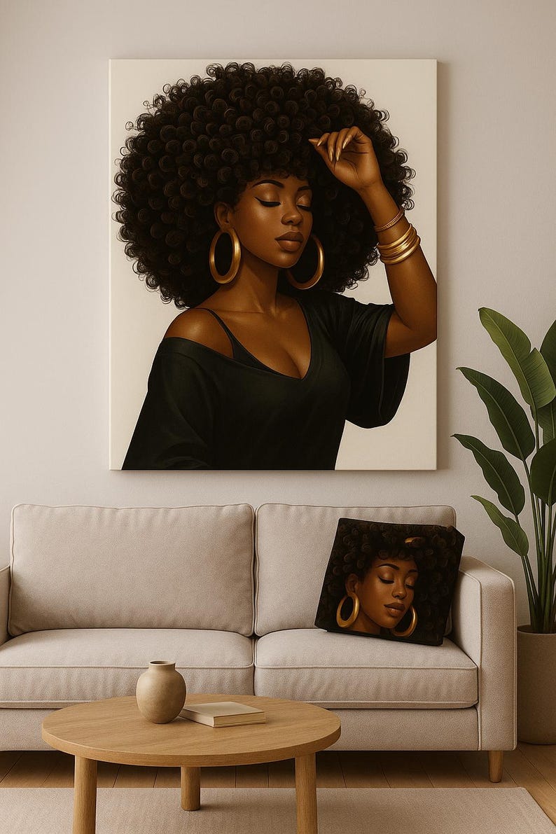 May include: A canvas print and throw pillow featuring a portrait of a Black woman with large gold hoop earrings and bracelets. She wears a black top and has a large afro. The artwork is displayed above a beige sofa.