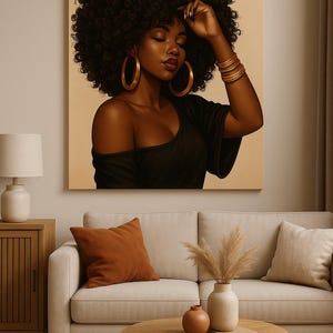 May include: A canvas print of a woman with dark skin and curly black hair. She wears a black off-the-shoulder top and large gold hoop earrings. Her arm is raised, adorned with gold bracelets. The artwork hangs above a beige sofa with orange and beige pillows.