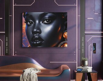 May include: A canvas print featuring a close-up portrait of a woman with dark skin. The artwork showcases a dramatic use of light and shadow, with a focus on the woman's face, lips, and eyes. The background has orange and blue hues. The woman is wearing gold earrings.