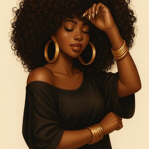May include: Illustration of a woman with dark skin and curly black hair. She wears a black off-the-shoulder top and gold hoop earrings and bracelets. Her eyes are closed, and she is touching her forehead with her hand.