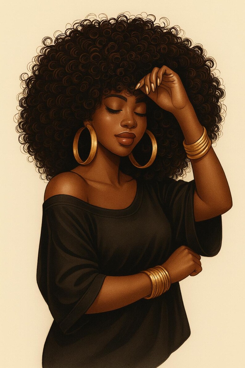May include: Illustration of a woman with dark skin and curly black hair. She wears a black off-the-shoulder top and gold hoop earrings and bracelets. Her eyes are closed, and she is touching her forehead with her hand.
