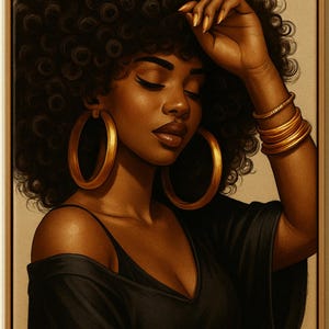 May include: A framed portrait of a woman with dark skin and curly black hair. She wears large gold hoop earrings and multiple gold bracelets. Her black dress has a low neckline. The woman's eyes are closed, and she is touching her hair.