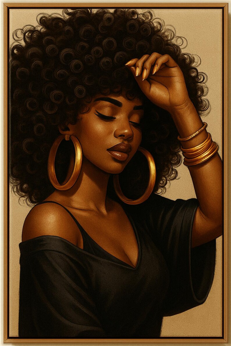 May include: A framed portrait of a woman with dark skin and curly black hair. She wears large gold hoop earrings and multiple gold bracelets. Her black dress has a low neckline. The woman's eyes are closed, and she is touching her hair.