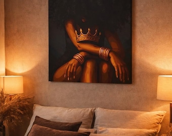 Faceless Black Queen Canvas Wall Art | Afrocentric Feminine Power Decor | Modern Black Woman Art Print | Luxury Neutral Home Decor