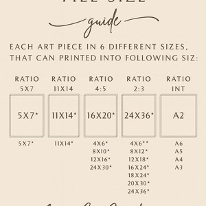 May include: A beige print size guide with the text "FILE SIZE guide" and "Asma Love Creations". The guide lists print sizes such as 5x7 inches, 11x14 inches, 16x20 inches, and 24x36 inches.
