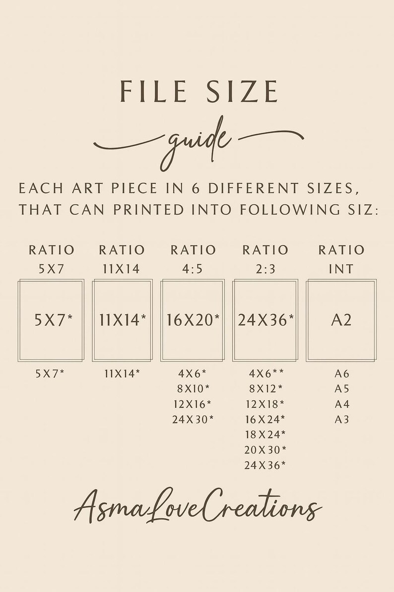 May include: A beige print size guide with the text "FILE SIZE guide" and "Asma Love Creations". The guide lists print sizes such as 5x7 inches, 11x14 inches, 16x20 inches, and 24x36 inches.