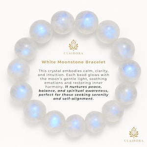 May include: A white moonstone bracelet featuring spherical beads. The beads are arranged in a circle. The text reads "White Moonstone Bracelet". The brand name "CLAIRORA" is also visible.