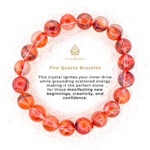 May include: A bracelet of reddish-orange fire quartz beads. The beads are round and strung together. The image includes the text "Fire Quartz Bracelet".