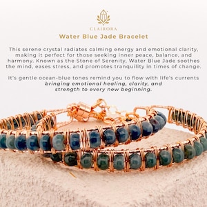 May include: Two Water Blue Jade bracelets with gold wire wrapping. The bracelets have blue-green beads and a gold clasp. The bracelets are displayed on a light-coloured surface.