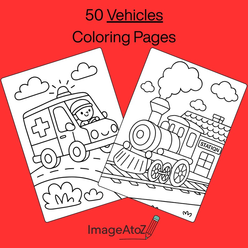 50 Vehicles Coloring Pages for Kids | Transportation Activity (A4 ...