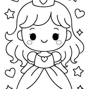 May include: Black and white illustration of a princess with a crown, heart-shaped details, and curly hair. The princess is wearing a dress with a heart-shaped embellishment. Surrounding the princess are stars, hearts, and square shapes.