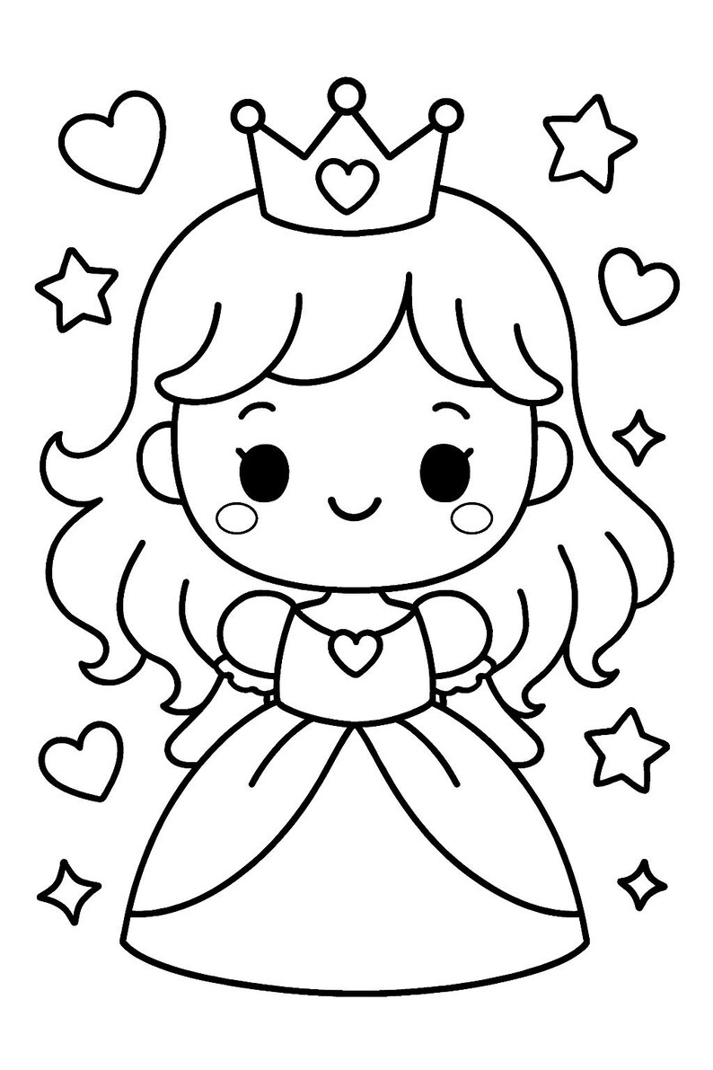 May include: Black and white illustration of a princess with a crown, heart-shaped details, and curly hair. The princess is wearing a dress with a heart-shaped embellishment. Surrounding the princess are stars, hearts, and square shapes.