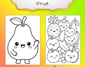 May include: A digital download featuring 25 kawaii coloring pages with fruit illustrations. The cover displays a pear and a collection of other fruits, all with cute, smiling faces. The text reads "25 Kawaii Coloring Pages Fruit".