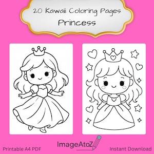 May include: A pink background with two black and white princess coloring pages. The top of the image has text that reads "20 Kawaii Coloring Pages Princess". The bottom of the image has the text "Printable A4 PDF" and "Instant Download".