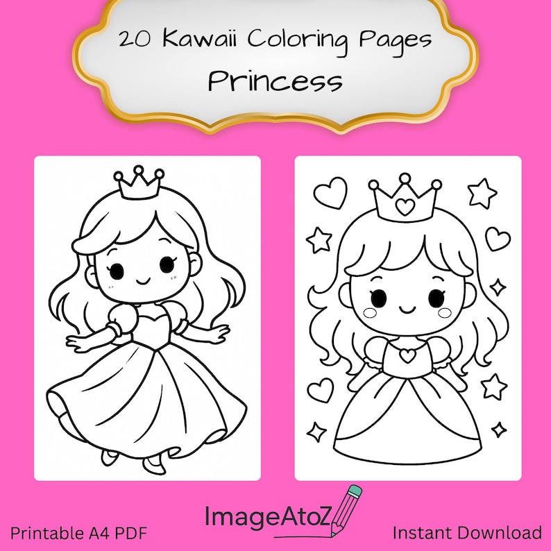 May include: A pink background with two black and white princess coloring pages. The top of the image has text that reads "20 Kawaii Coloring Pages Princess". The bottom of the image has the text "Printable A4 PDF" and "Instant Download".