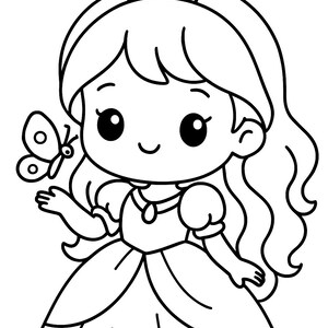 May include: A black and white illustration of a princess wearing a crown and a dress. A butterfly is perched on her hand. The princess has long, flowing hair and a smiling expression.
