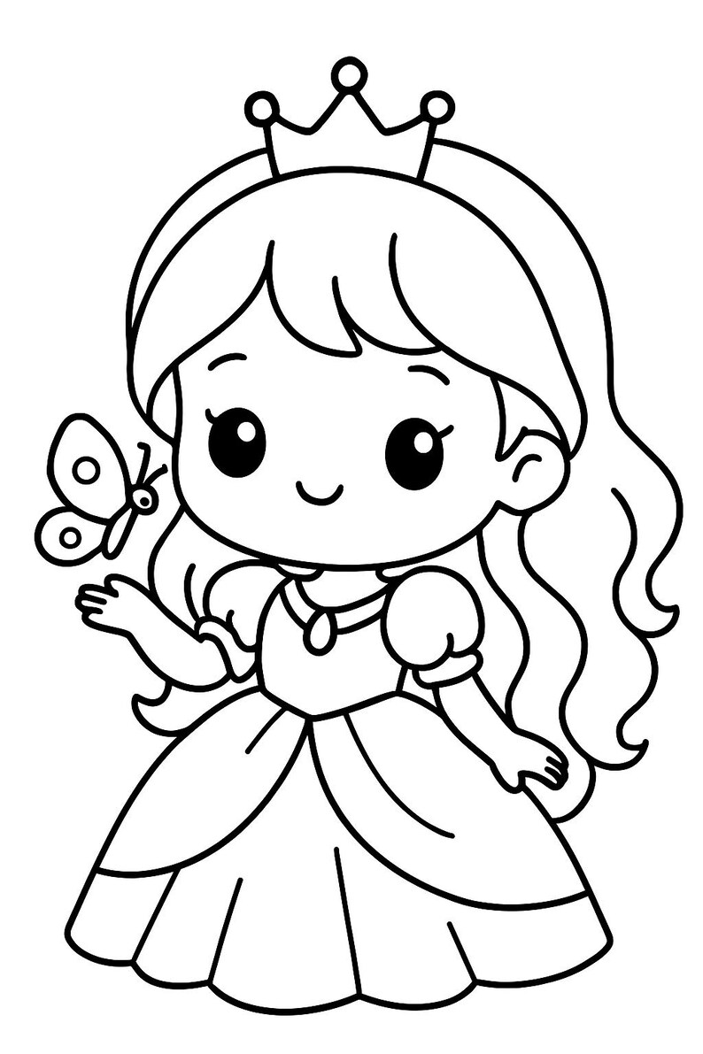 May include: A black and white illustration of a princess wearing a crown and a dress. A butterfly is perched on her hand. The princess has long, flowing hair and a smiling expression.