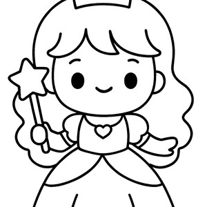 May include: Black and white illustration of a princess with a crown and a star-shaped wand. The princess is wearing a dress with a heart-shaped detail. The image is a simple line drawing, suitable for coloring.