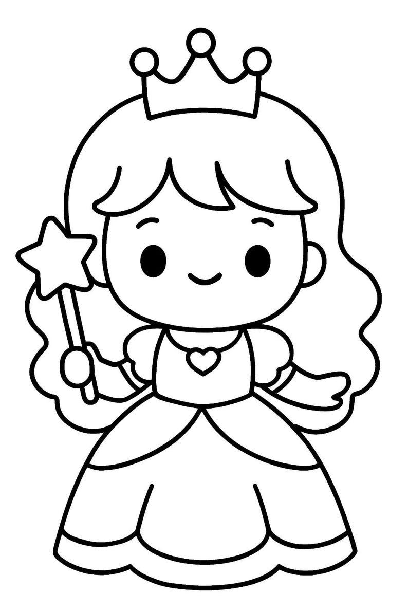 May include: Black and white illustration of a princess with a crown and a star-shaped wand. The princess is wearing a dress with a heart-shaped detail. The image is a simple line drawing, suitable for coloring.