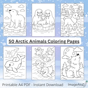Op de afbeelding: Zes zwart-wit kleurplaten met arctische dieren. De pagina's bevatten een ijsbeer, walrussen, een rendier, een orka, pinguïns en een huilende wolf. De tekst "50 Arctic Animals Coloring Pages" wordt weergegeven.