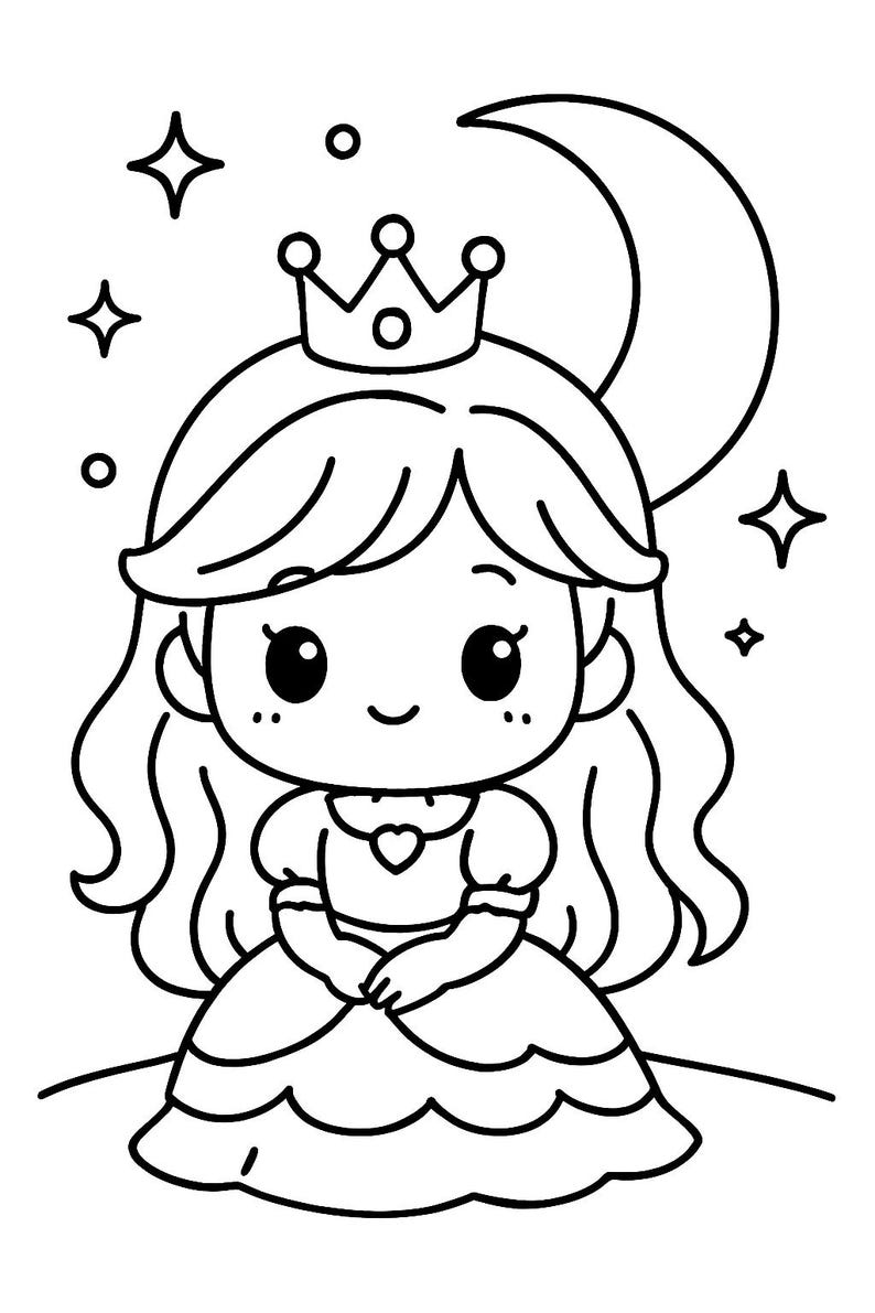 May include: Black and white illustration of a cartoon princess with long wavy hair, a crown, and a dress. A crescent moon and stars are in the background. The princess is smiling.