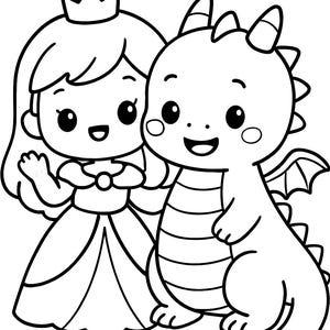 May include: Black and white illustration of a princess and a dragon. The princess wears a crown and a dress, waving her hand. The dragon has horns, wings, and a striped belly. Both characters have large eyes and are smiling.