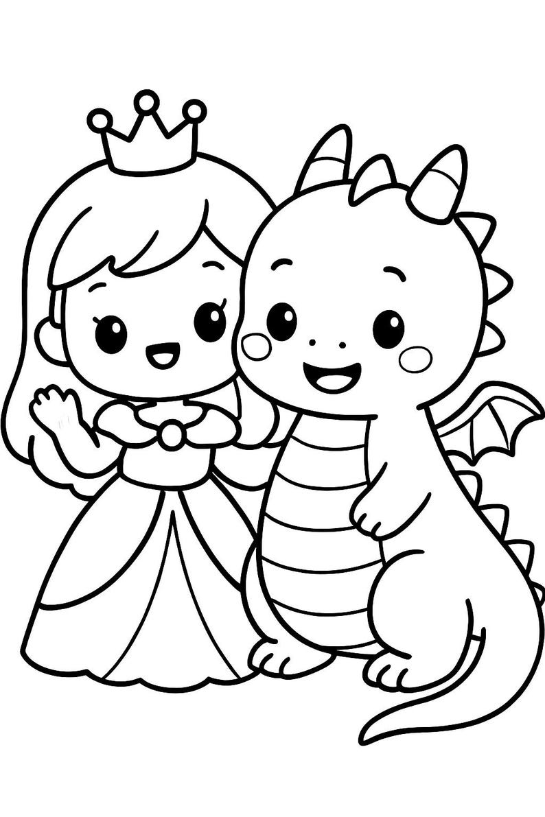 May include: Black and white illustration of a princess and a dragon. The princess wears a crown and a dress, waving her hand. The dragon has horns, wings, and a striped belly. Both characters have large eyes and are smiling.