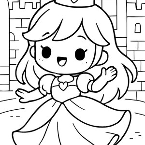 May include: Black and white line art illustration of a princess wearing a crown and dress. The princess is smiling and waving, with a castle and archway in the background. A coloring book page.