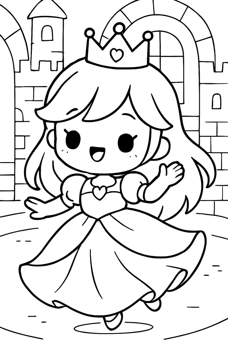 May include: Black and white line art illustration of a princess wearing a crown and dress. The princess is smiling and waving, with a castle and archway in the background. A coloring book page.