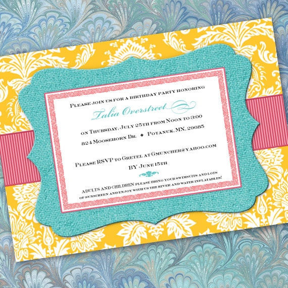 birthday party invitations, turquoise birthday party invitations, yellow party invitations, bridal shower invitations, IN205