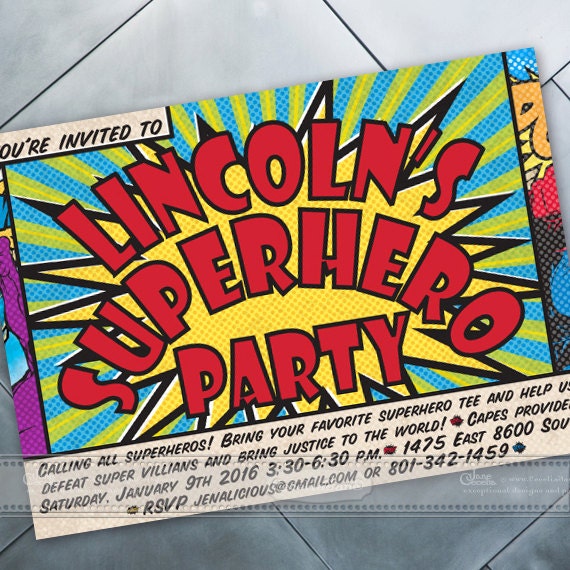 birthday party invitations, superhero birthday party, superhero party, birthday party ideas, birthday party printed invitations, IN448