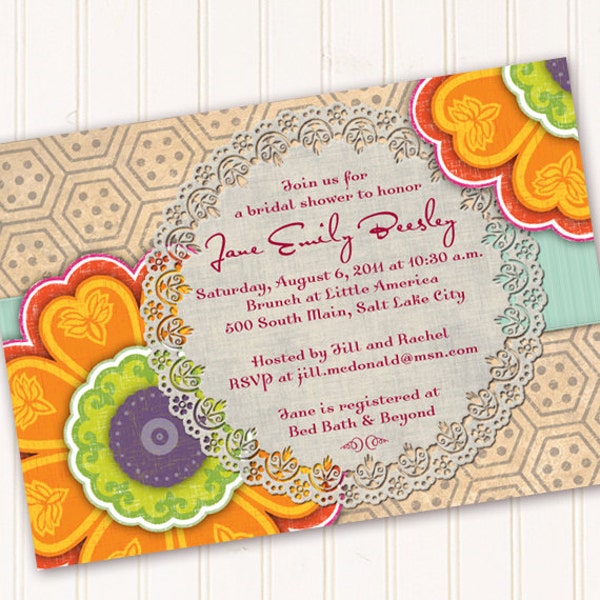 bridal shower invitations, tangerine bridal shower invitations, wedding shower invitations, birthday party invitations, retirement party