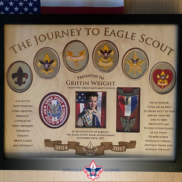 Honor the Achievement - Journey to Eagle Plaque, 11x14 wood plaque, Eagle Scout patches, Customized, Eagle Scout, Court of Honor, BSA1406