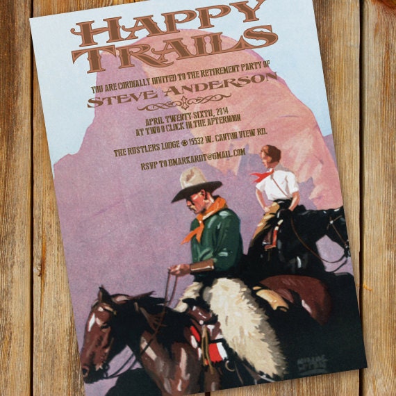 retirement party invitations, retirement party invitation wording, retirement party ideas, Happy Trails retirement, cowboy retirement, IN339