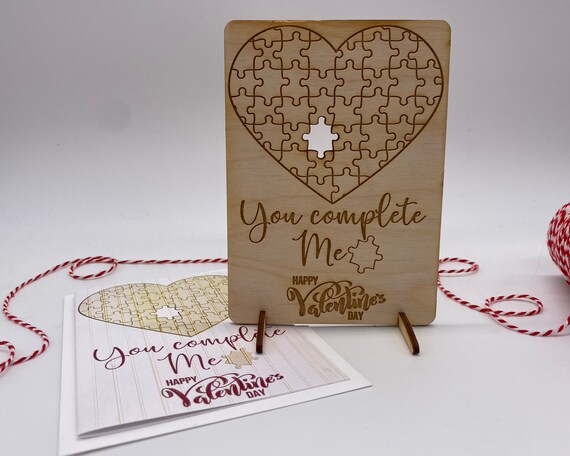 wood card, laser engraved card, Valentines Day card, I love you, puzzle Valentine, you complete me, Happy Valentines, PCS036