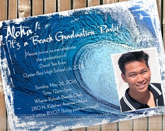 graduation invitations, graduation announcements, big wave invitations, surf grad party invitations, beach party, big island wedding, IN296