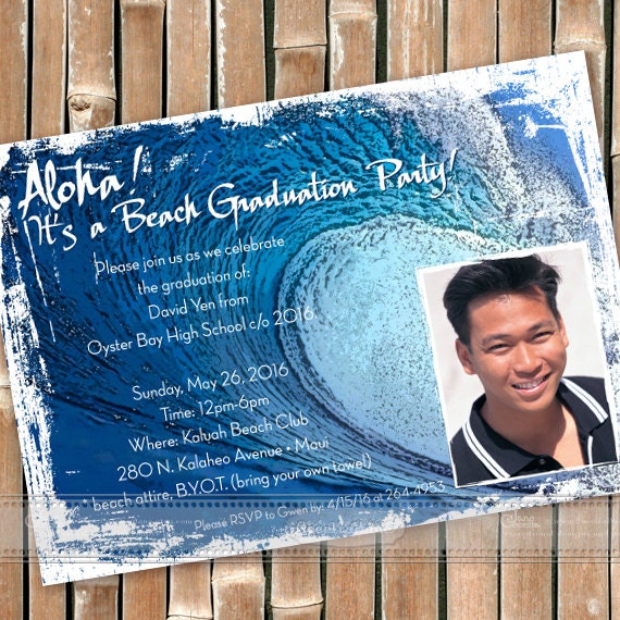 graduation invitations, graduation announcements, big wave invitations, surf grad party invitations, beach party, big island wedding, IN296