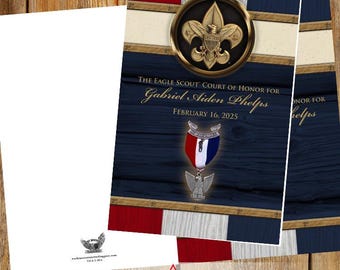 May include: A navy blue and white Eagle Scout Court of Honor invitation with gold accents. The invitation features the text "The Eagle Scout Court of Honor for Gabriel Aiden Phelps February 16, 2025". The invitation also includes the Boy Scouts of America logo.