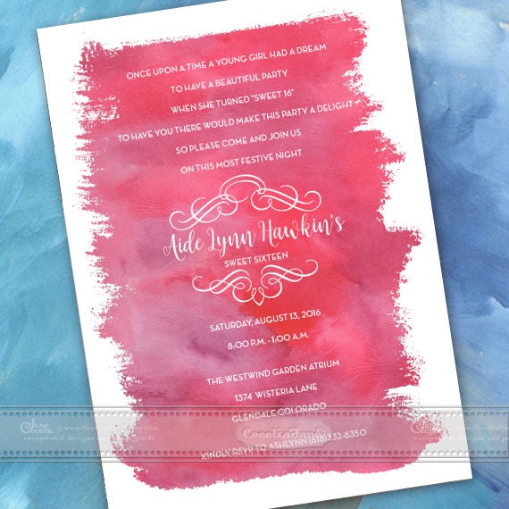 sweet sixteen birthday party invitations, quinceanera invitations, fuchsia party invitations, baby shower invitations, IN489