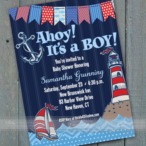 baby shower invitations, navy blue baby shower invitations, diaper raffle, coastal baby shower invitations, Ahoy! It's a Boy!, IN406