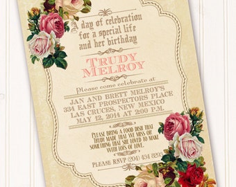 Victorian Celebration of Life invitation, classic Victorian invitation, Victorian family party, Victorian birthday, rose tea party, IN326