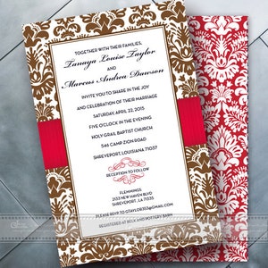 May include: Wedding invitation with a white background, brown floral design, and red ribbon. The invitation includes the names Lanaya Louise Taylor and Marcus Andrea Dawson, along with event details. The back of the invitation has a red and white floral pattern.