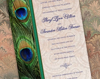 wedding invitations, peacock wedding invitations, peacock bridal shower invitations, peacock graduation invites, wedding package, IN260